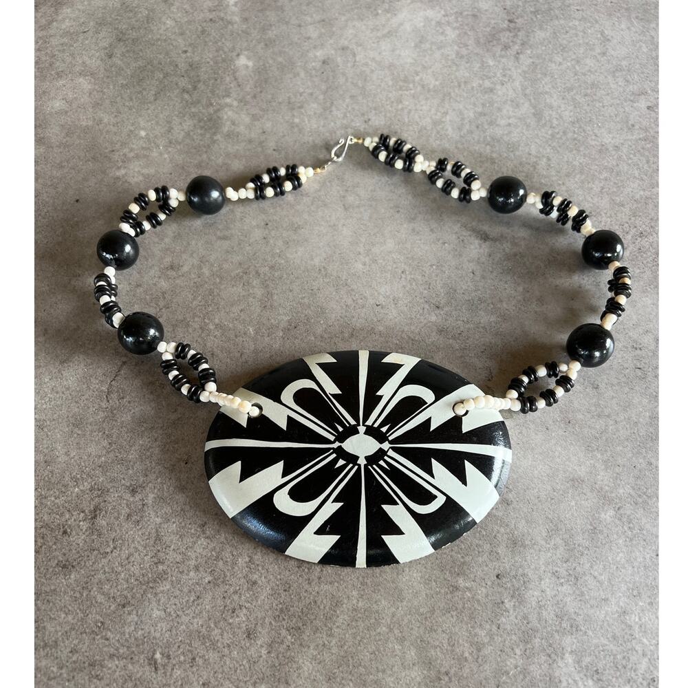Vintage giant painted wood pendant beaded statement necklace artsy boho unique